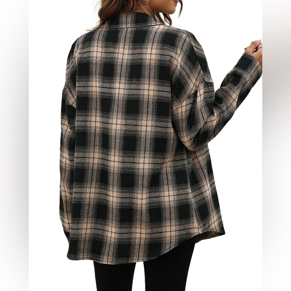 Khaki Black Plaid Flannel Shirt | Oversized Long Sleeve Button Down - Picture 3 of 4